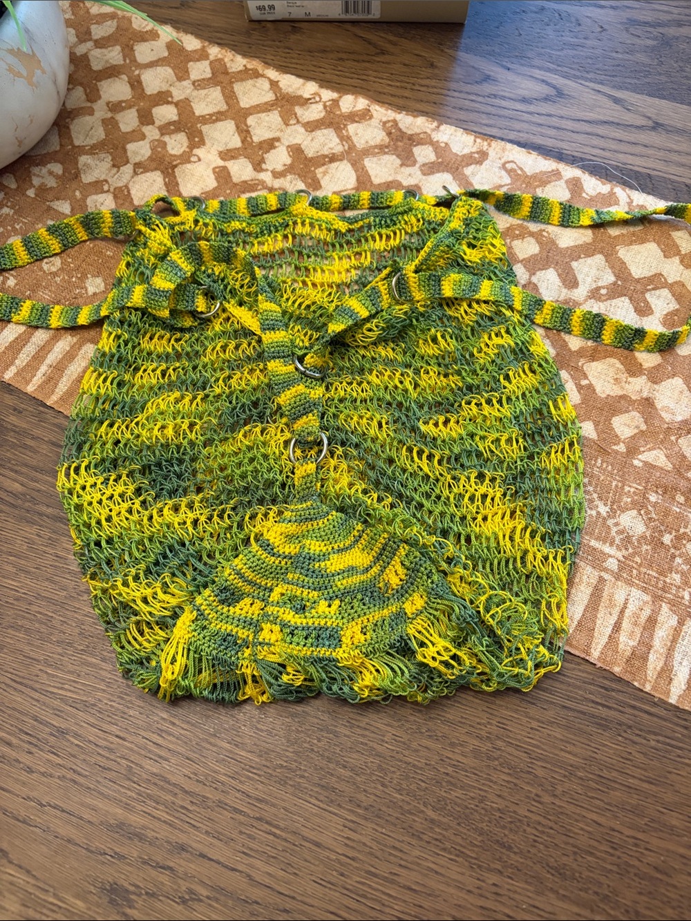 Hand-knit Yellow Green Crochet Drawstring Bag/ backpak